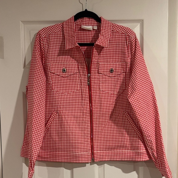 NWOT Belle by Kim Gravel Red Citi Twill Gingham Print Utility Jacket size Large - Picture 1 of 7